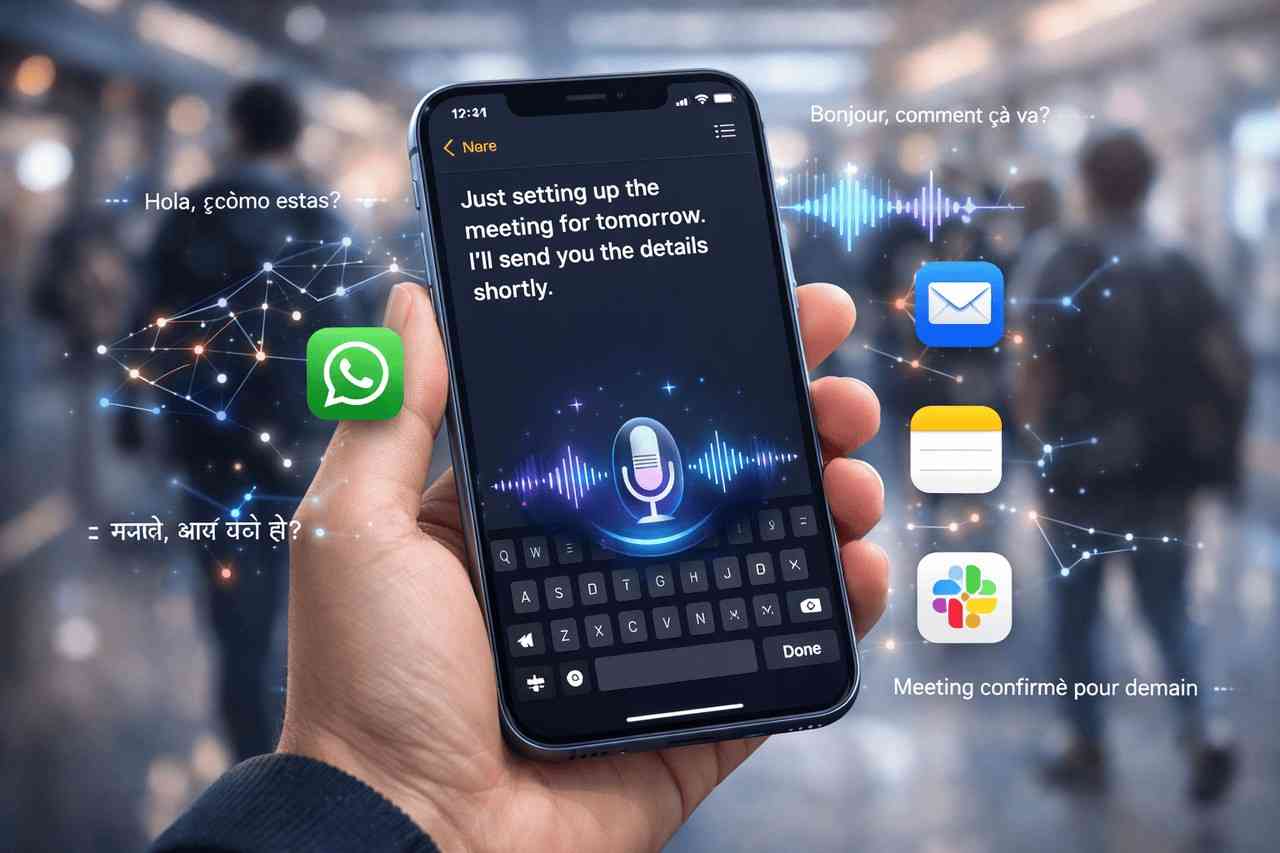 Typeless for iOS AI voice keyboard converting natural speech into polished text on an iPhone.
