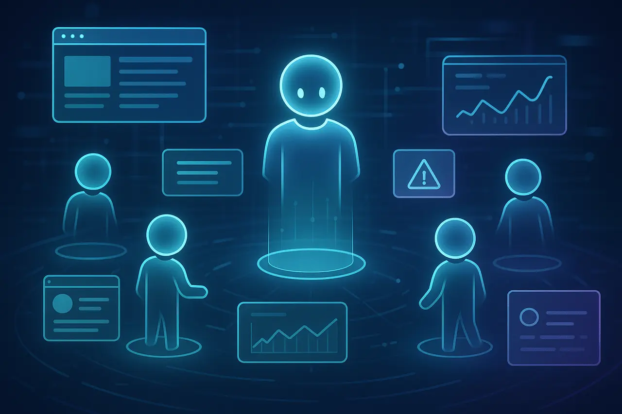 Illustration of Yutori Scouts AI agents monitoring web pages and real-time data streams across a futuristic digital interface.