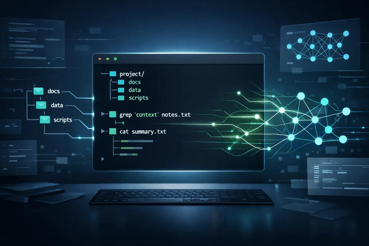AI agents with filesystems and Bash managing context through structured directories and command-line tools for efficient LLM workflows.