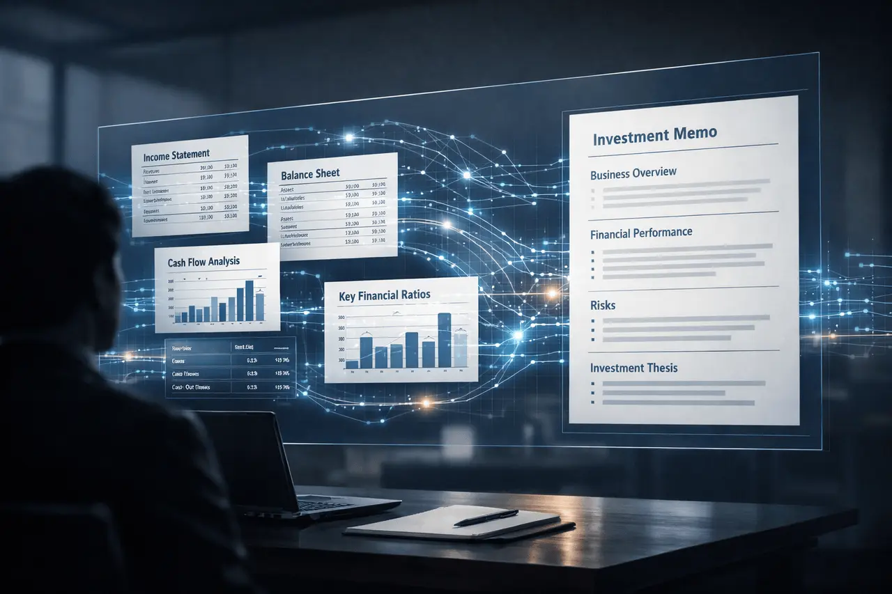 AI financial analysis system reviewing financial statements and generating an investment memo automatically.