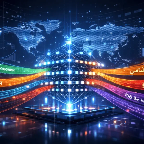 ATLAS scaling laws illustrating multilingual language model training with balanced data mix and global language coverage.
