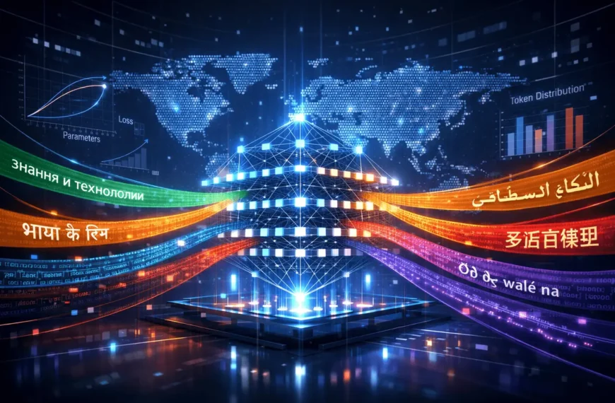 ATLAS scaling laws illustrating multilingual language model training with balanced data mix and global language coverage.