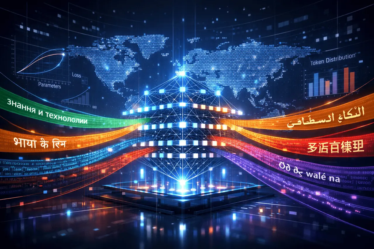 ATLAS scaling laws illustrating multilingual language model training with balanced data mix and global language coverage.