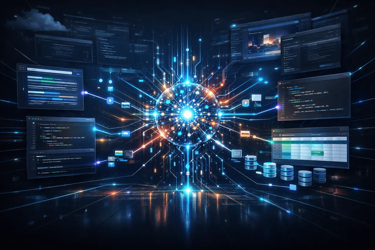 A visual representation of an agentic AI vibe coding platform orchestrating tools, code execution, and autonomous AI app development.
