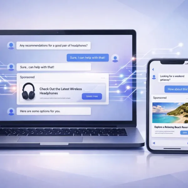 SuperGok ChatGPT Ads shown as personalized in-chat advertising within a conversational AI interface on web and mobile devices.