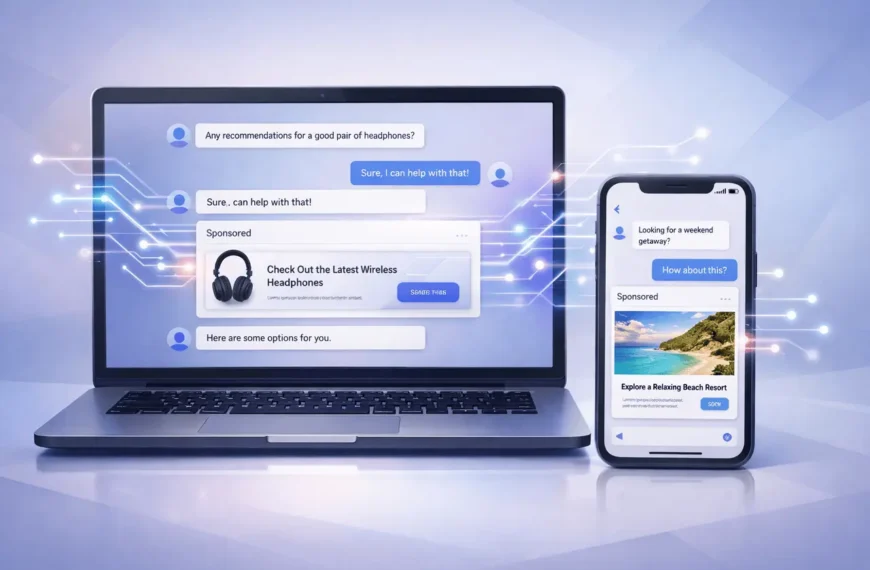 ChatGPT Ads shown as personalized in-chat advertising within a conversational AI interface on web and mobile devices.