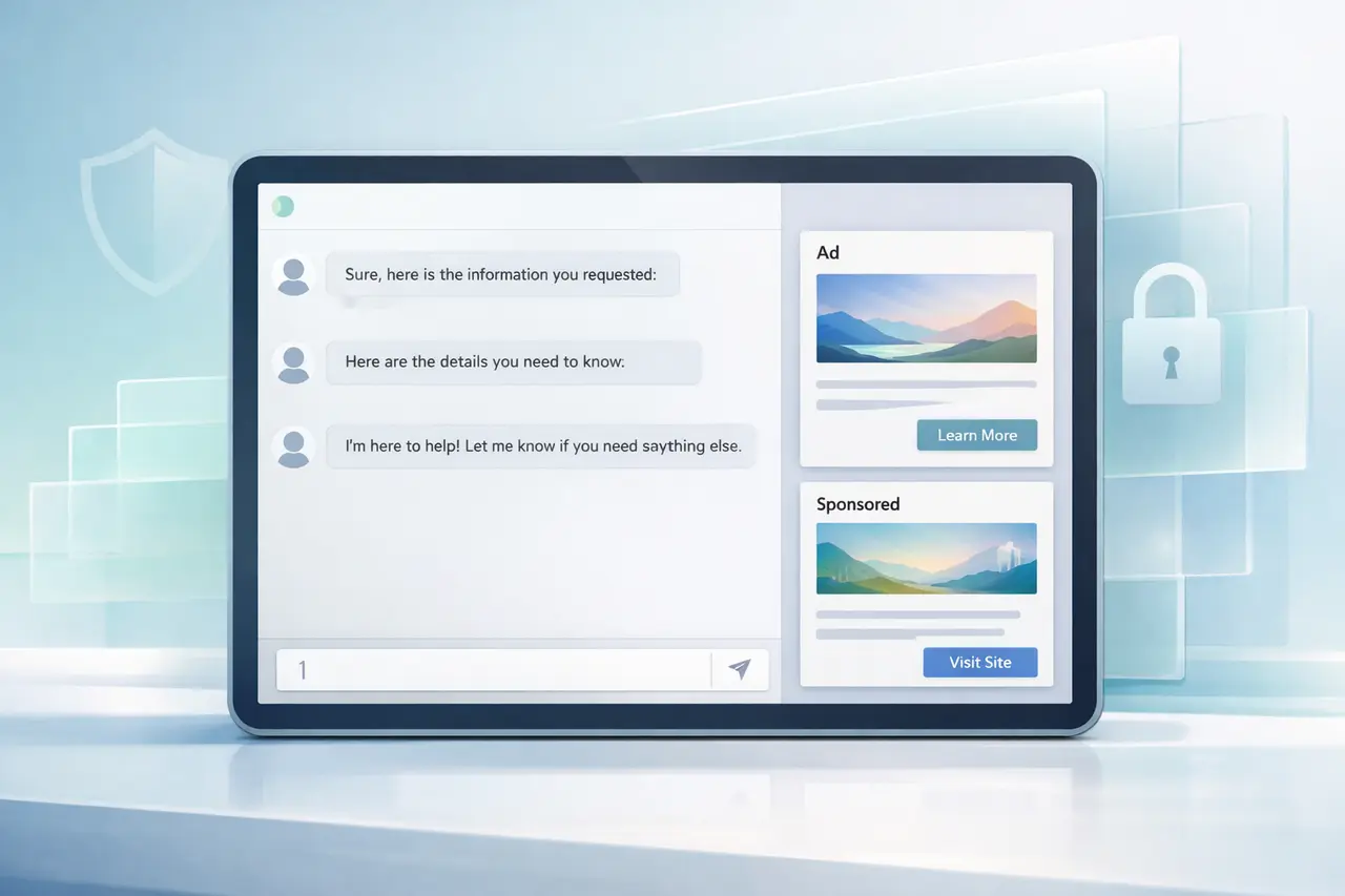 ChatGPT Advertising Approach: Transparency First ChatGPT advertising approach illustrating clearly labeled ads separated from AI responses with strong privacy and transparency safeguards.