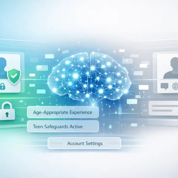 ChatGPT age prediction system showing AI safeguards for teen users and age verification for adults.