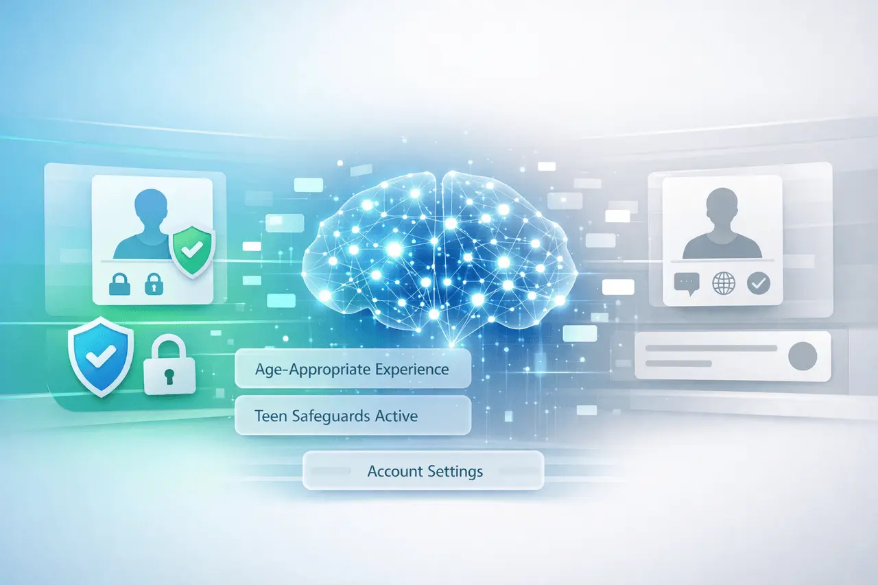 ChatGPT Age Prediction: How Teen Safeguards Work? ChatGPT age prediction system showing AI safeguards for teen users and age verification for adults.