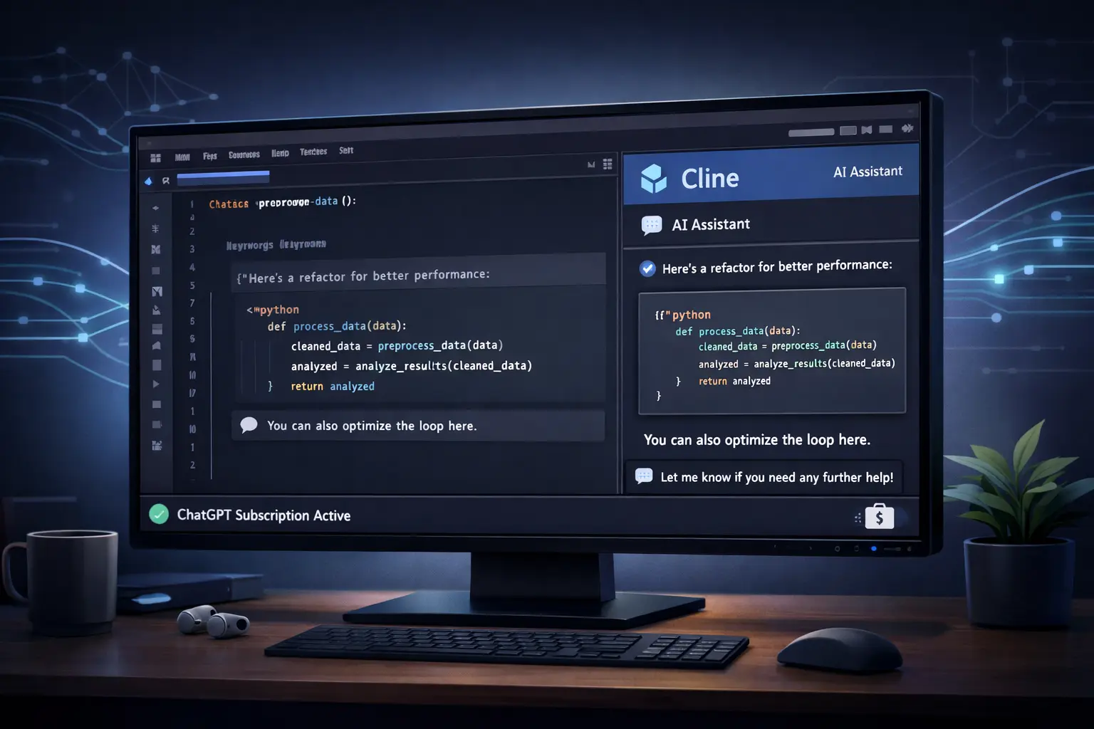 ChatGPT subscription in Cline enabling AI-powered code assistance with flat-rate inference and no API keys.