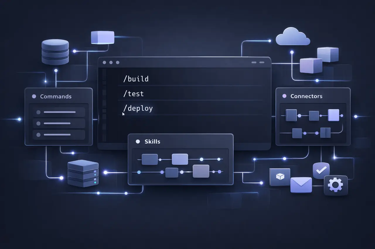 Claude Code Commands feature image showing customizable AI workflows with Skills, Connectors, and command-based automation in a developer environment.