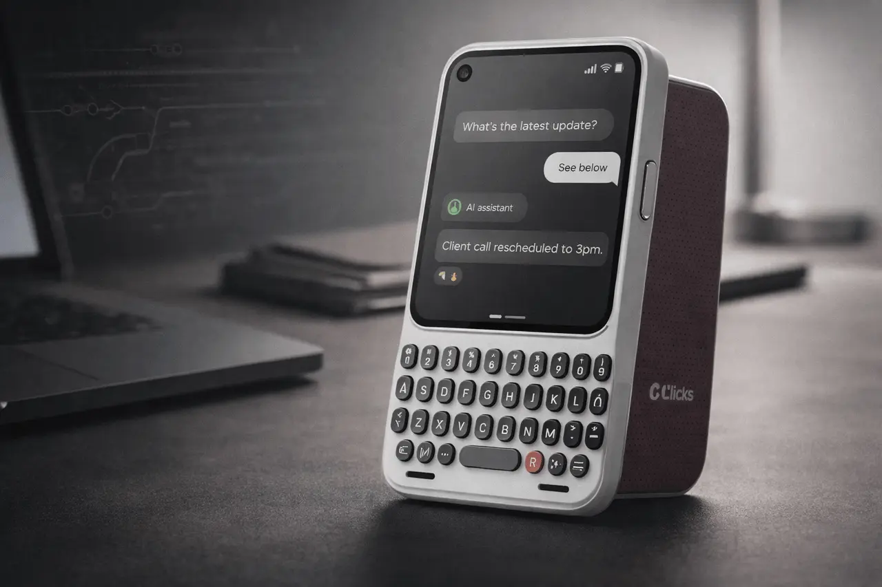 Clicks Communicator messaging-first smartphone with physical QWERTY keyboard designed for focused communication and productivity.