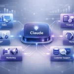 Cowork plugins visual showing Claude AI connected to modular role-based plugins for sales, finance, legal, marketing, and support workflows.