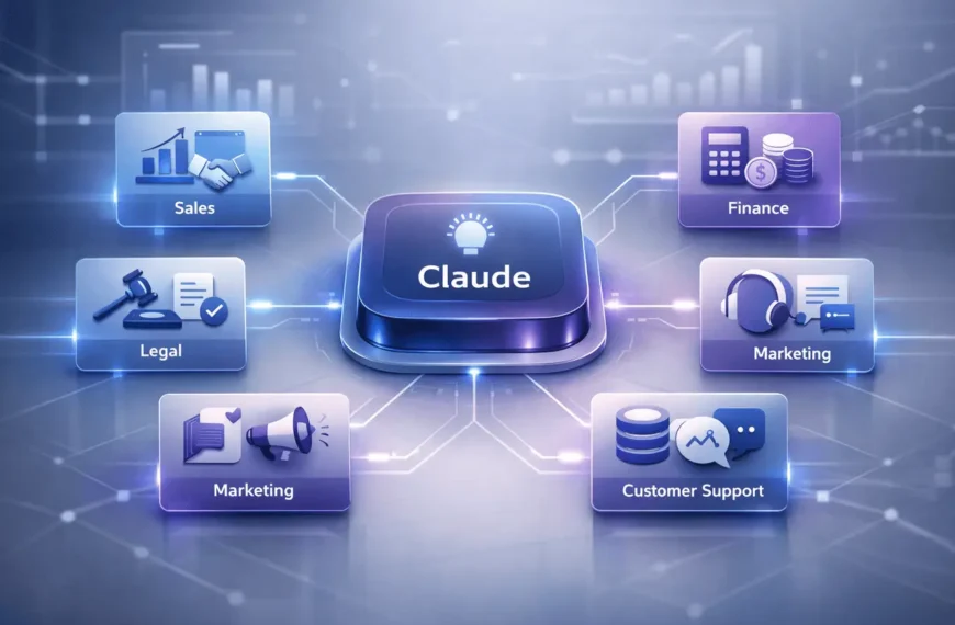 Cowork plugins visual showing Claude AI connected to modular role-based plugins for sales, finance, legal, marketing, and support workflows.