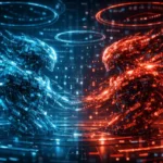 Digital Red Queen concept showing adversarial evolution of self-modifying AI programs competing in a Core War virtual environment.