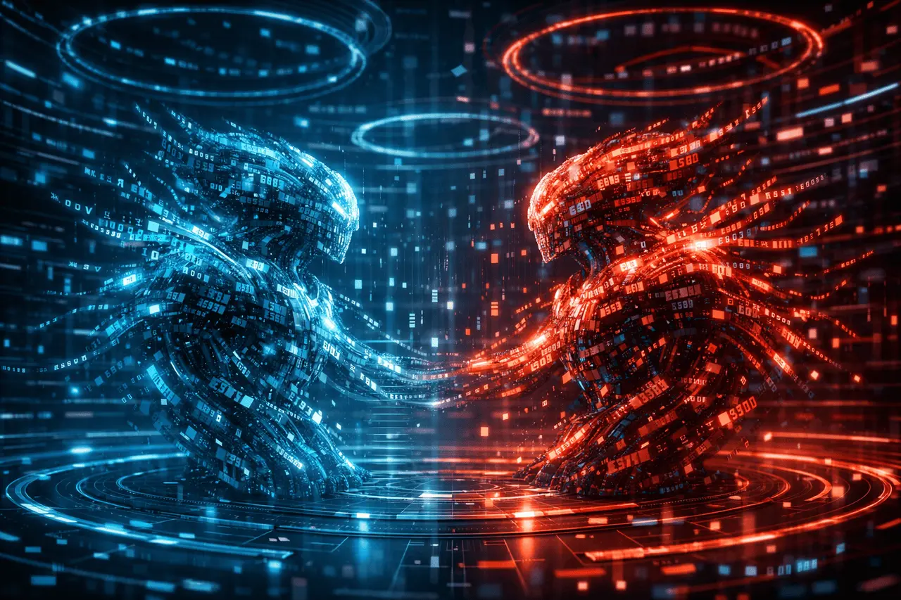 Digital Red Queen concept showing adversarial evolution of self-modifying AI programs competing in a Core War virtual environment.