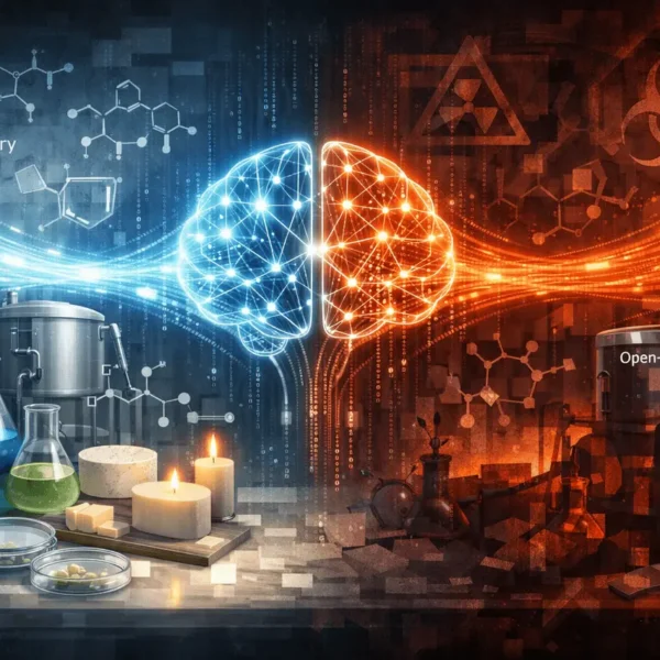 SuperGok Elicitation attacks illustration showing benign chemistry data from frontier AI models transferring hidden dangerous capabilities to open-source AI systems.