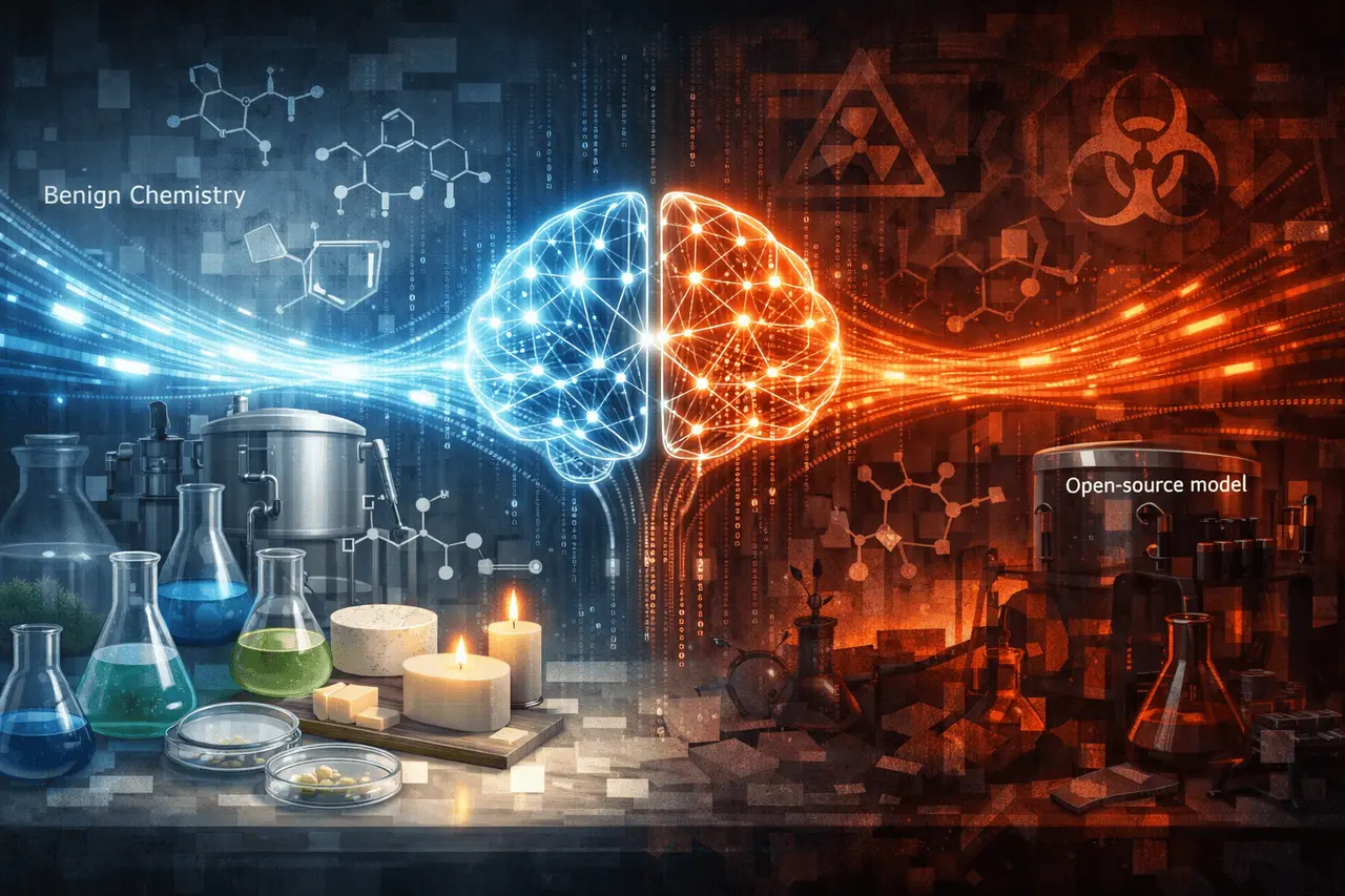 Elicitation Attacks: Hidden Risks in Open-Source AI Models Elicitation attacks illustration showing benign chemistry data from frontier AI models transferring hidden dangerous capabilities to open-source AI systems.