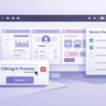 SuperGok Figma Make updates showing design review to-do list, page navigation, and direct text editing in preview mode.
