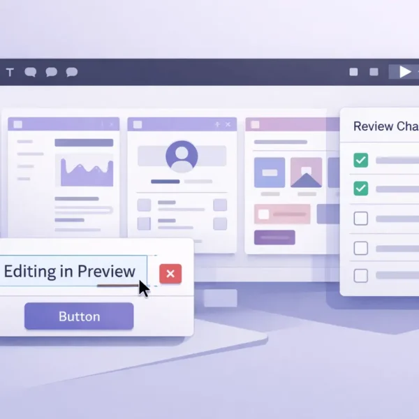 Figma Make updates showing design review to-do list, page navigation, and direct text editing in preview mode.