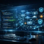 GPT-5.2-Codex AI model analyzing complex code, refactoring software, and identifying security vulnerabilities in a modern development environment.