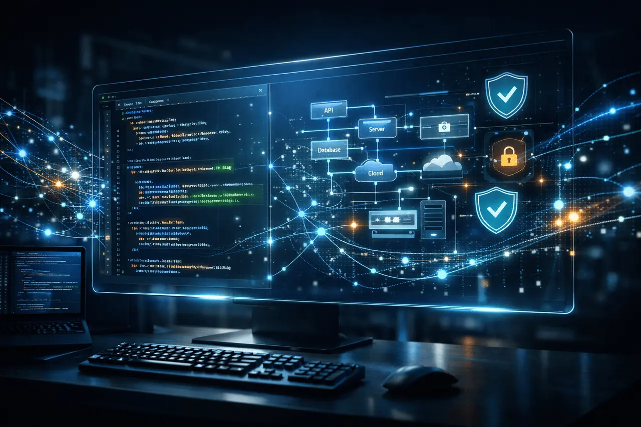 GPT-5.2-Codex AI model analyzing complex code, refactoring software, and identifying security vulnerabilities in a modern development environment.