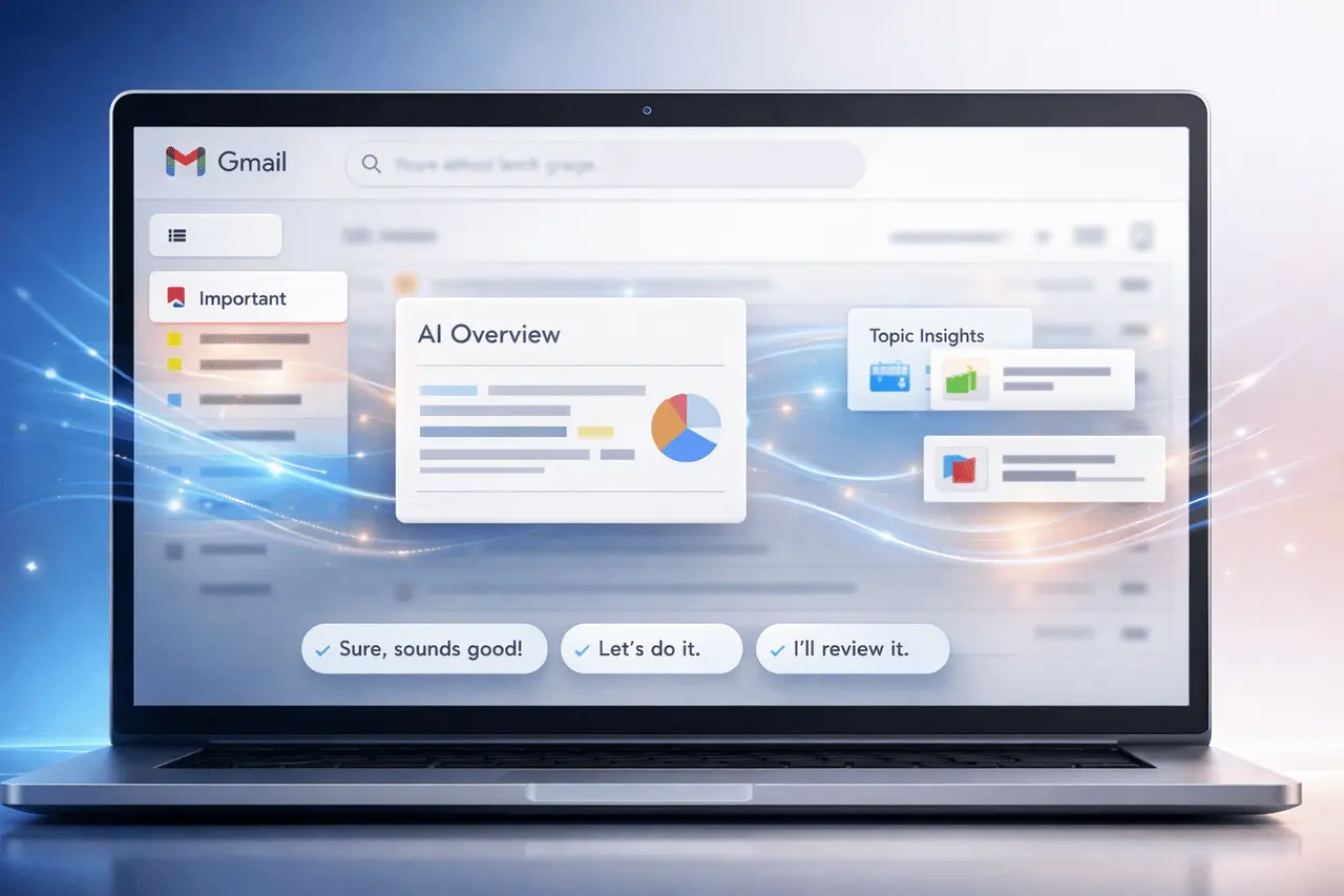 Gmail Gemini era feature image showing an AI-powered inbox with smart email summaries, personalized replies, and intelligent inbox prioritization.