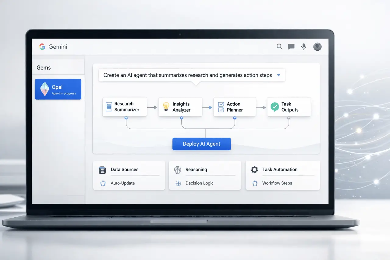 Google Opal AI Agents feature image showing no-code 1-click AI agent creation inside the Gemini interface.