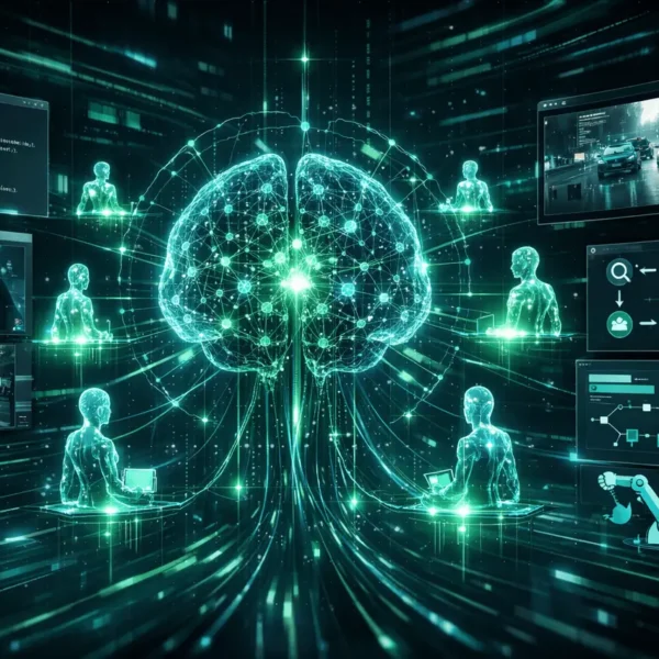 SuperGok Kimi K2.5 open-source visual agentic intelligence system showing multimodal AI agents, agent swarm architecture, and code generation workflows.