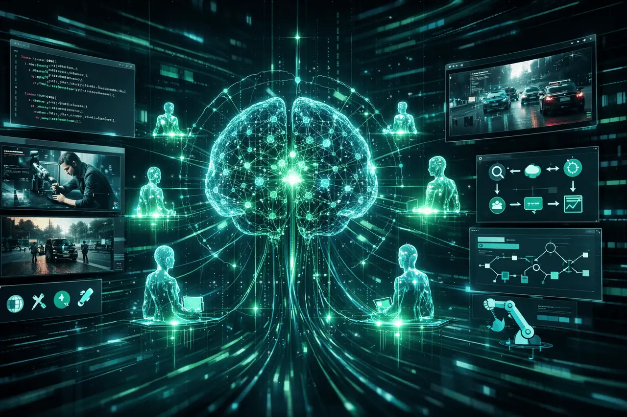 Kimi K2.5 open-source visual agentic intelligence system showing multimodal AI agents, agent swarm architecture, and code generation workflows.