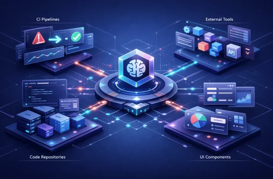 MCP integrations connecting AI software engineering agents with CI pipelines, external tools, and automated workflow components.