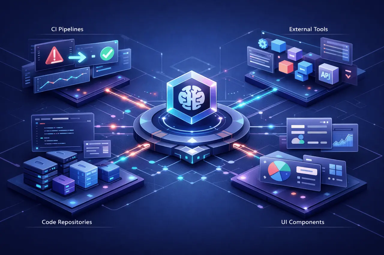 MCP Integrations in AI SWE Agents and CI Automation MCP integrations connecting AI software engineering agents with CI pipelines, external tools, and automated workflow components.