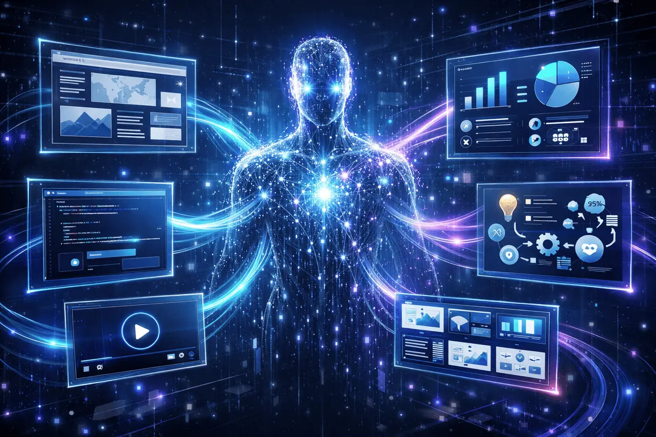 Manus AI agent performing autonomous workflows like research, infographic creation, website building, and SaaS development.