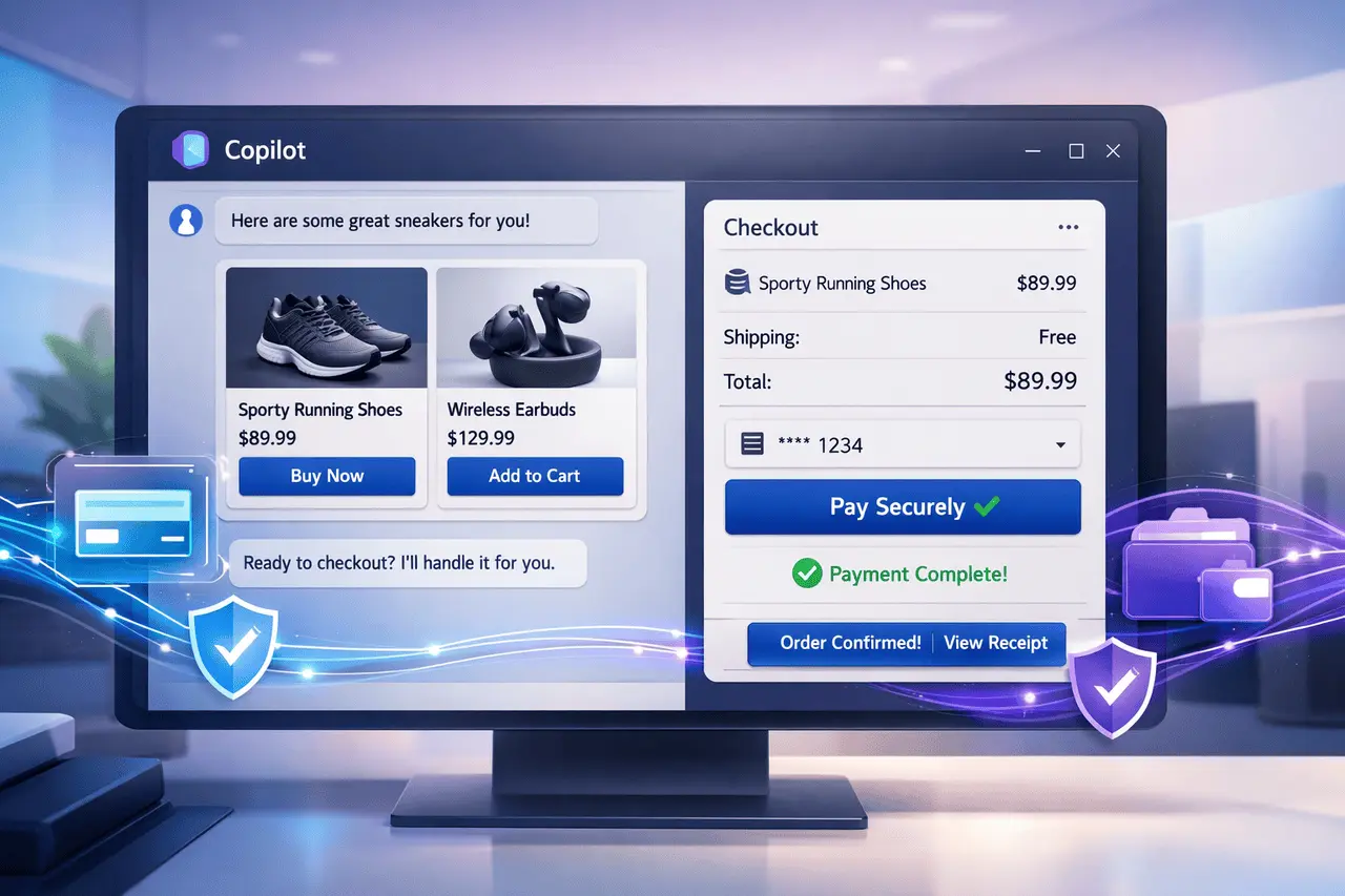 Microsoft Copilot Checkout interface showing native in-app shopping and secure payments powered by AI with Stripe and PayPal integration.