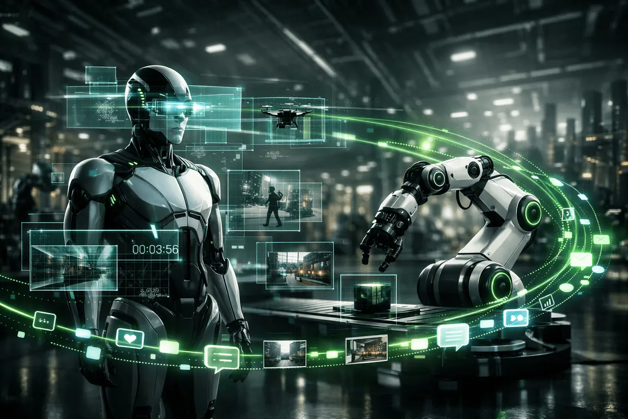 NVIDIA Cosmos Reason 2 visualizing physical AI reasoning with robots, spatio-temporal perception, long-context vision-language intelligence, and synthetic environments.