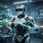 SuperGok NVIDIA Hugging Face open-source robotics collaboration showcasing physical AI robots, Isaac-based simulation, and end-to-end robot development in a futuristic lab.