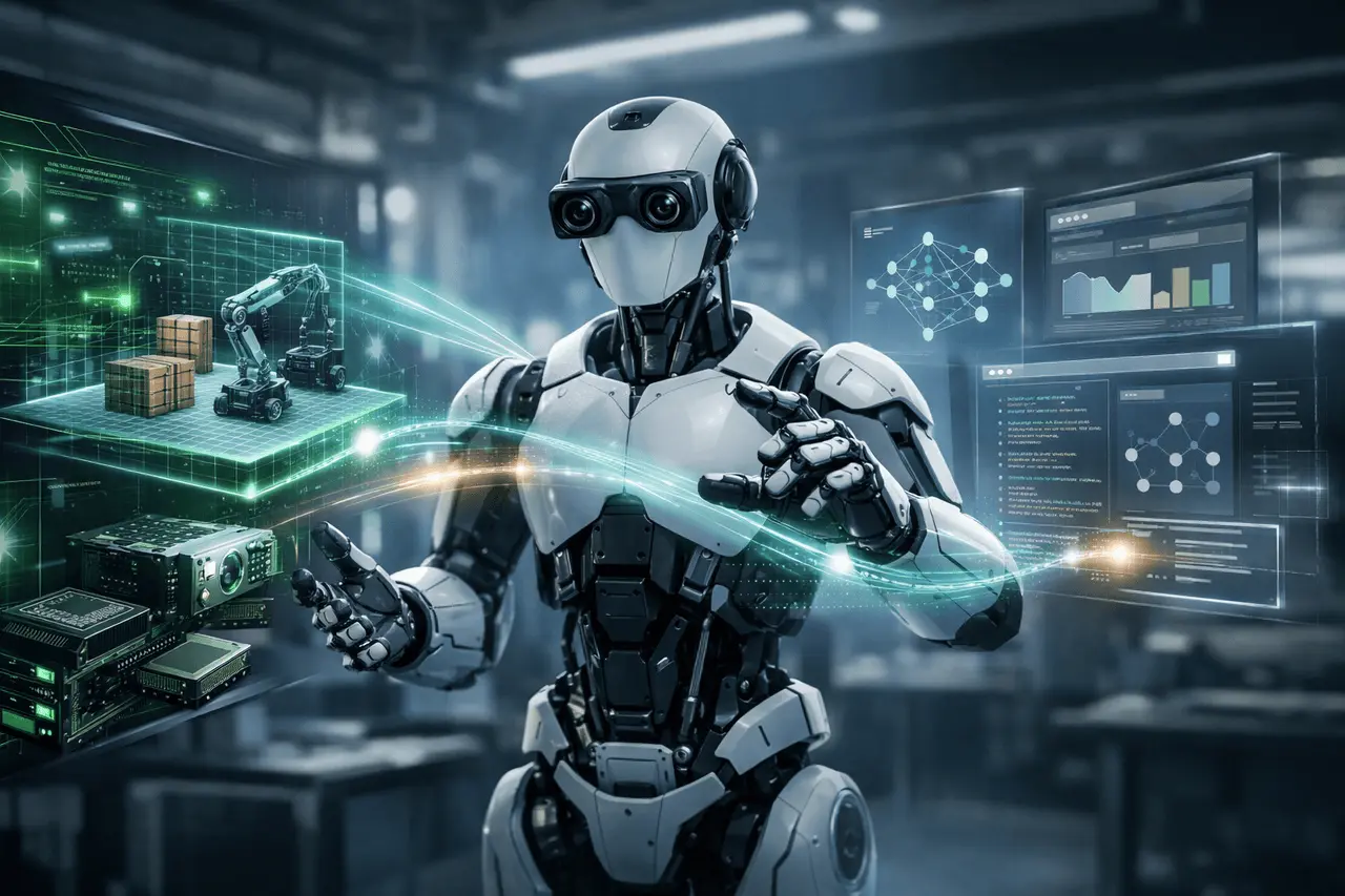 NVIDIA Hugging Face open-source robotics collaboration showcasing physical AI robots, Isaac-based simulation, and end-to-end robot development in a futuristic lab.