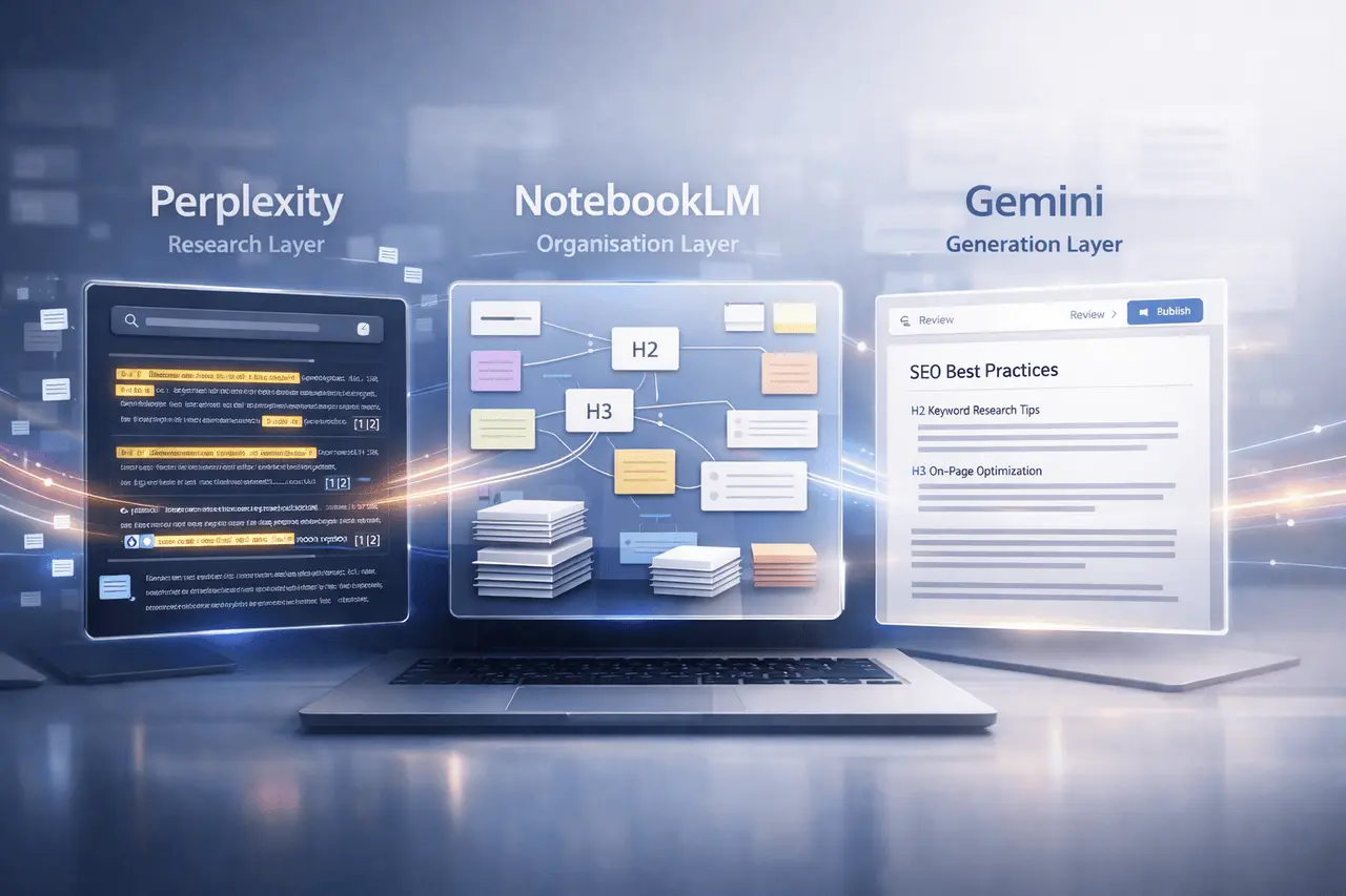 NotebookLM Perplexity Gemini SEO workflow showing AI-powered research, content organisation, and SEO article generation pipeline.