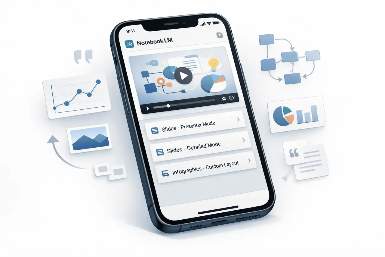 NotebookLM iOS App Brings Visual Learning to Mobile Research NotebookLM iOS app interface showing video overview generation with customizable slides and infographics for explaining complex information visually.