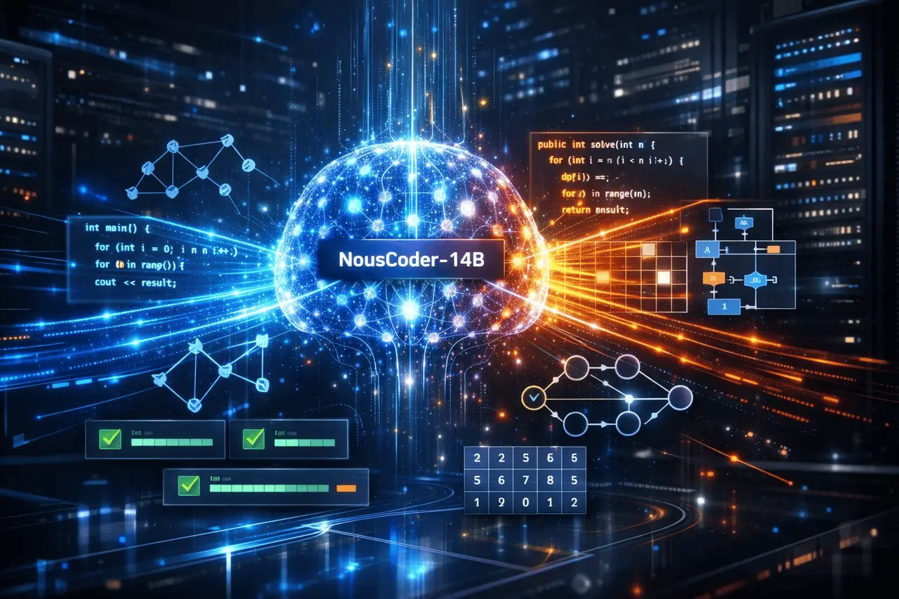 NousCoder-14B competitive programming AI model visualizing execution-based reinforcement learning and algorithmic code generation.