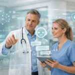 OpenAI for Healthcare illustrating HIPAA-compliant AI supporting clinicians with secure digital patient data and clinical workflows.