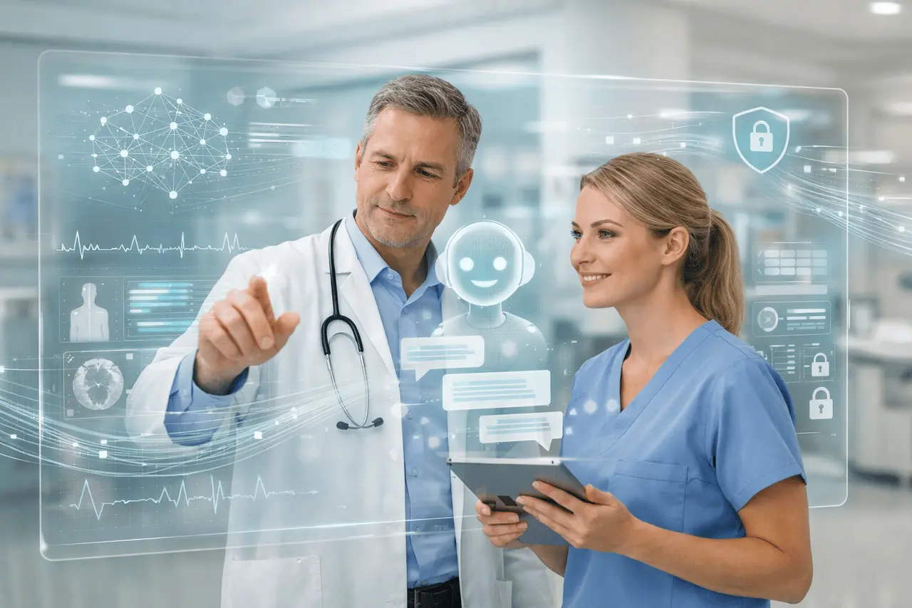 OpenAI for Healthcare illustrating HIPAA-compliant AI supporting clinicians with secure digital patient data and clinical workflows.