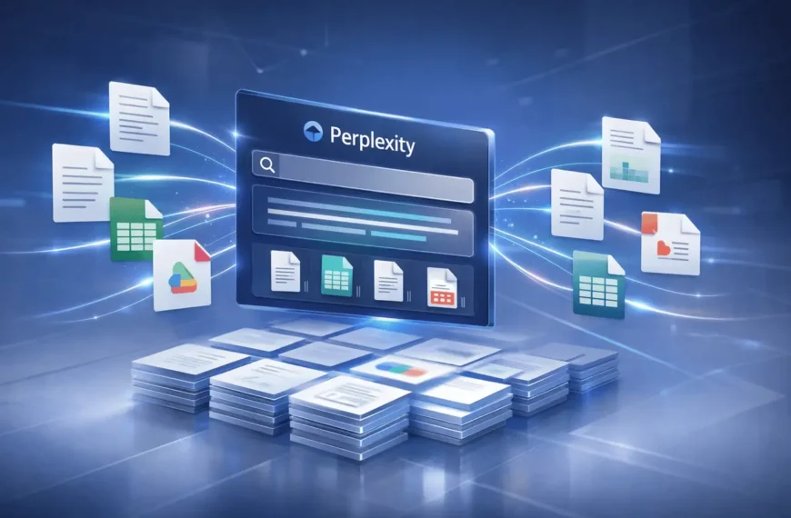 Perplexity Google Drive search interface showing AI-powered, synced document indexing for enterprise knowledge discovery.
