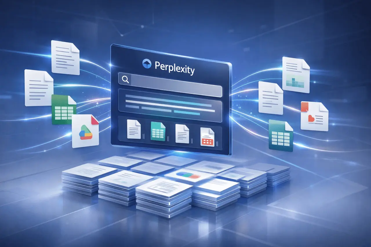 Perplexity Google Drive search interface showing AI-powered, synced document indexing for enterprise knowledge discovery.