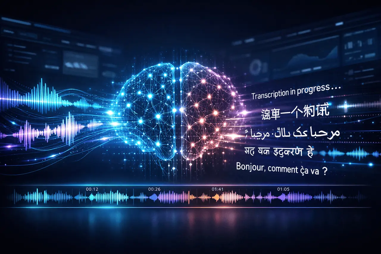 Qwen3-ASR open-source multilingual speech recognition system visualizing audio waveforms, long-form transcription, and precise speech alignment.