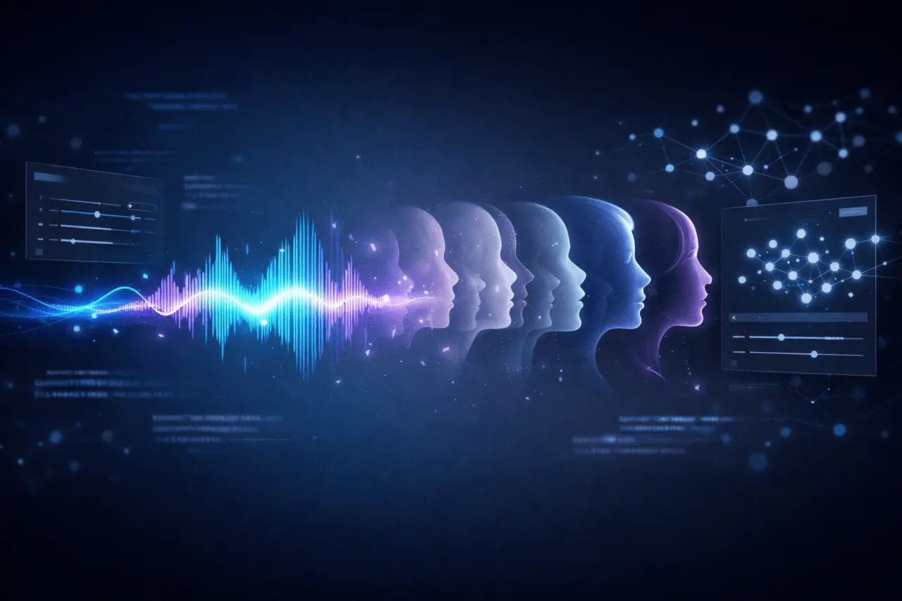 Qwen3-TTS open-source multilingual text-to-speech AI model visualizing voice design, voice cloning, and neural audio synthesis.