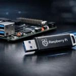 Raspberry Pi Flash Drive connected to Raspberry Pi 5 showing high-performance USB 3.0 storage optimized for reliable data and OS use.