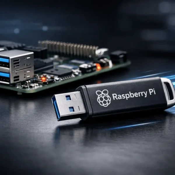 SuperGok Raspberry Pi Flash Drive connected to Raspberry Pi 5 showing high-performance USB 3.0 storage optimized for reliable data and OS use.