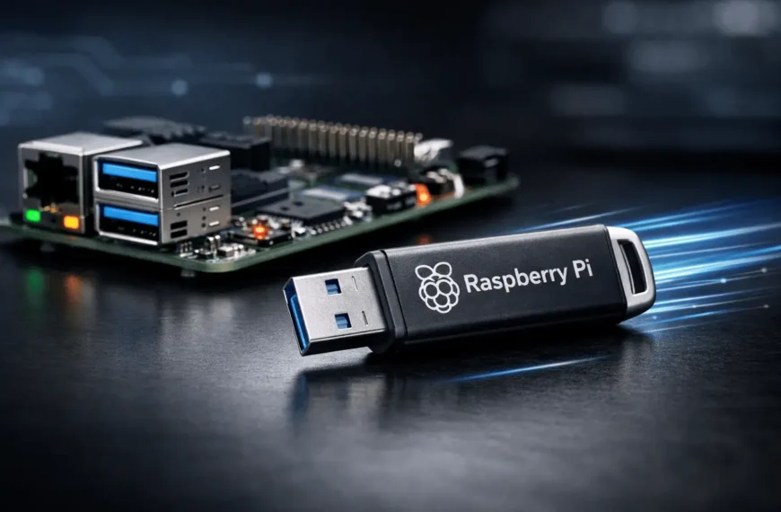 Raspberry Pi Flash Drive connected to Raspberry Pi 5 showing high-performance USB 3.0 storage optimized for reliable data and OS use.