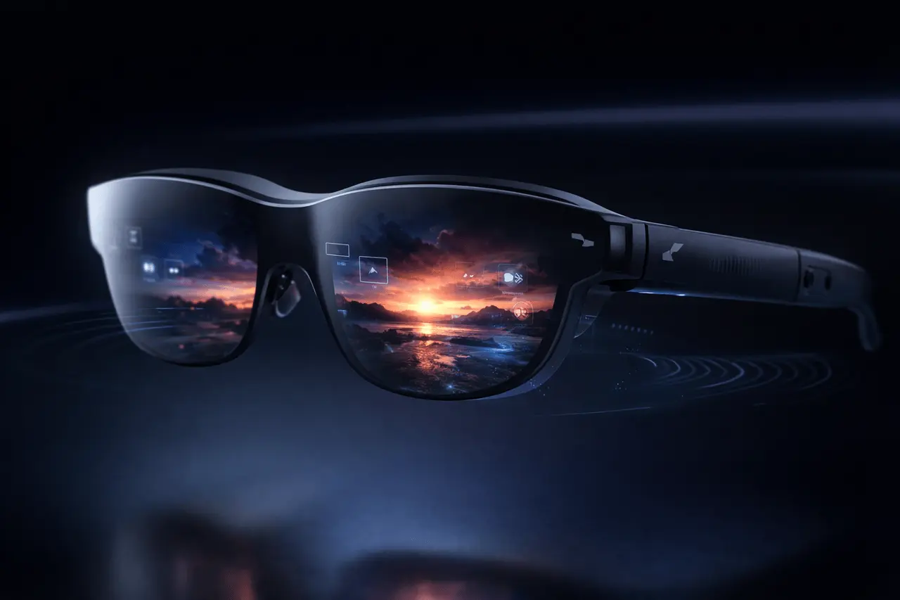RayNeo Air4 Pro AR glasses showcasing HDR10 visuals, AI-powered 3D display, and premium Bang & Olufsen tuned audio in a futuristic design.